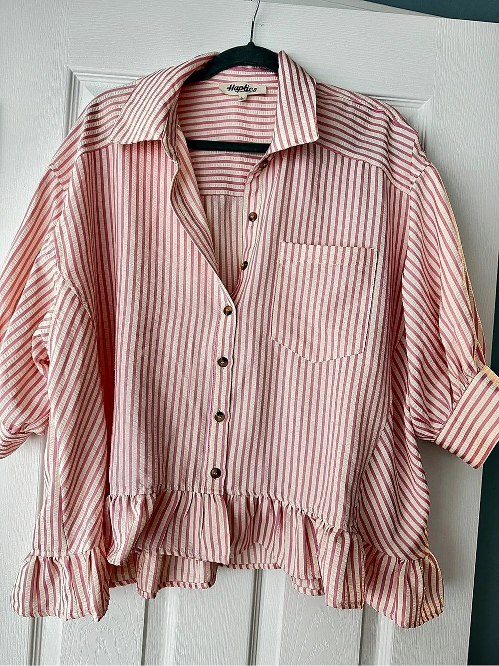 Madewell Striped Ruffle-Hem Button Down in Pink & White Like New